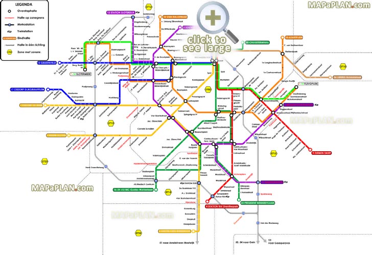 Metro tram transit diagram with directions to Centraal Station Amsterdam top tourist attractions map