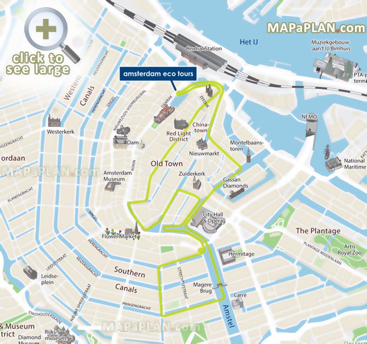 Eco Tours canal cruises water routes Amsterdam top tourist attractions map