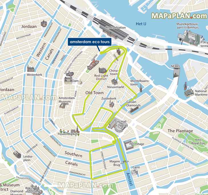 Eco Tours canal cruises water routes Amsterdam top tourist attractions map