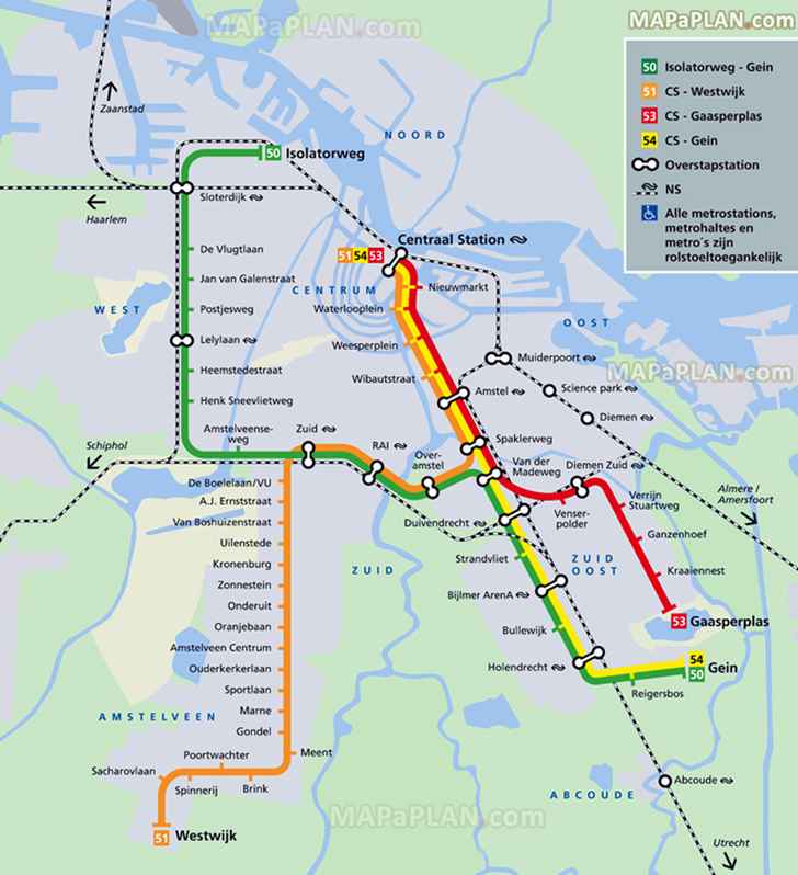 Four metro lines 50 51 53 54 railway Nederlandse Spoorwegen Amsterdam top tourist attractions map