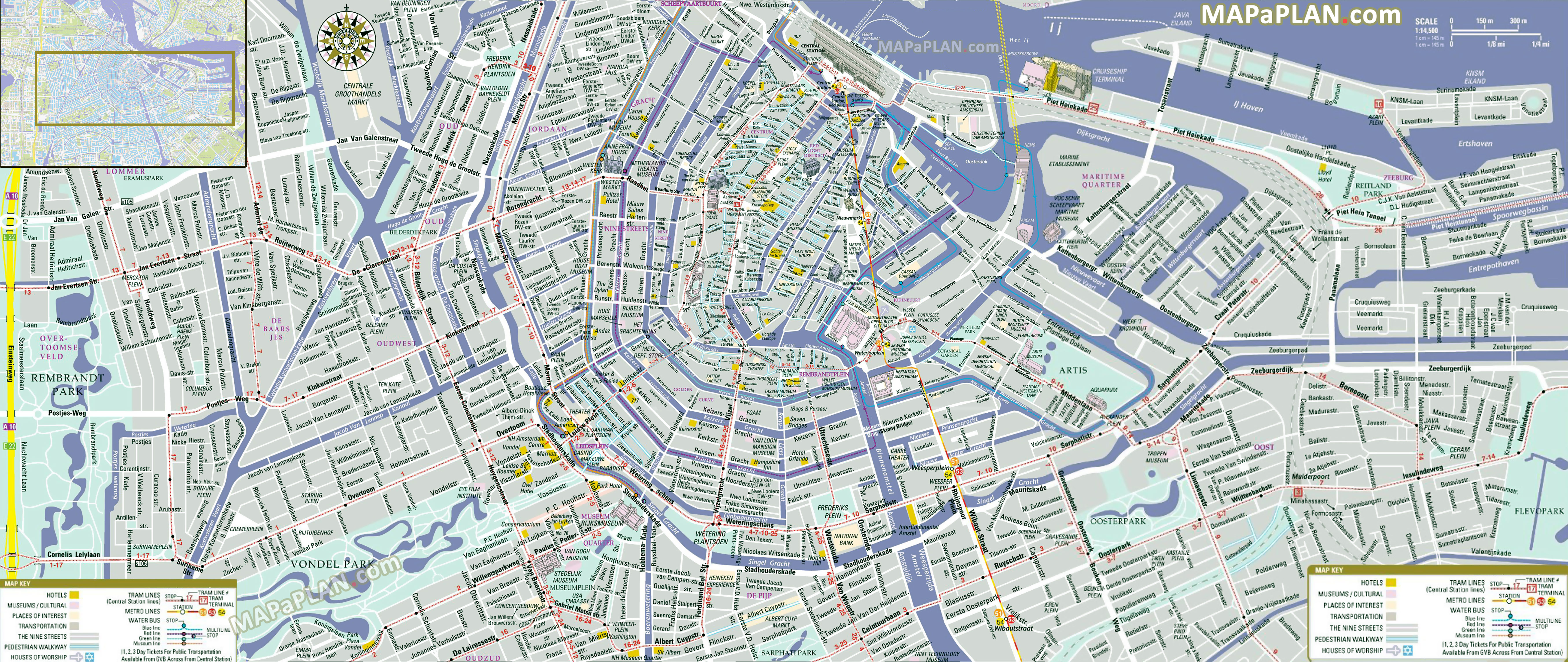 City centre detailed street travel plan must see places to visit tram metro lines Amsterdam top tourist attractions map