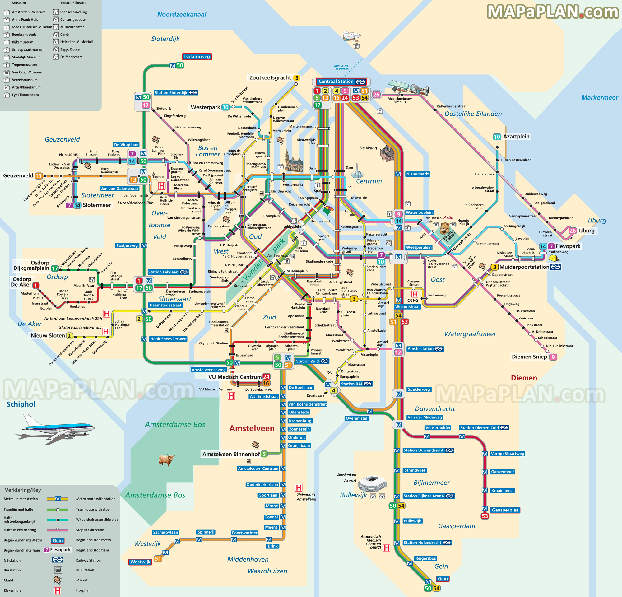Tram metro subway underground tube English plan with best museums theatres Amsterdam top tourist attractions map