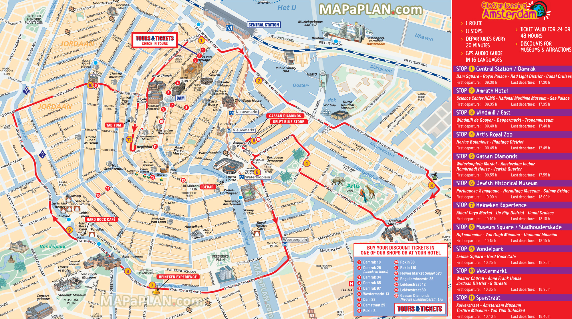 City Sightseeing hop on hop off double decker open top bus tour routes Amsterdam top tourist attractions map