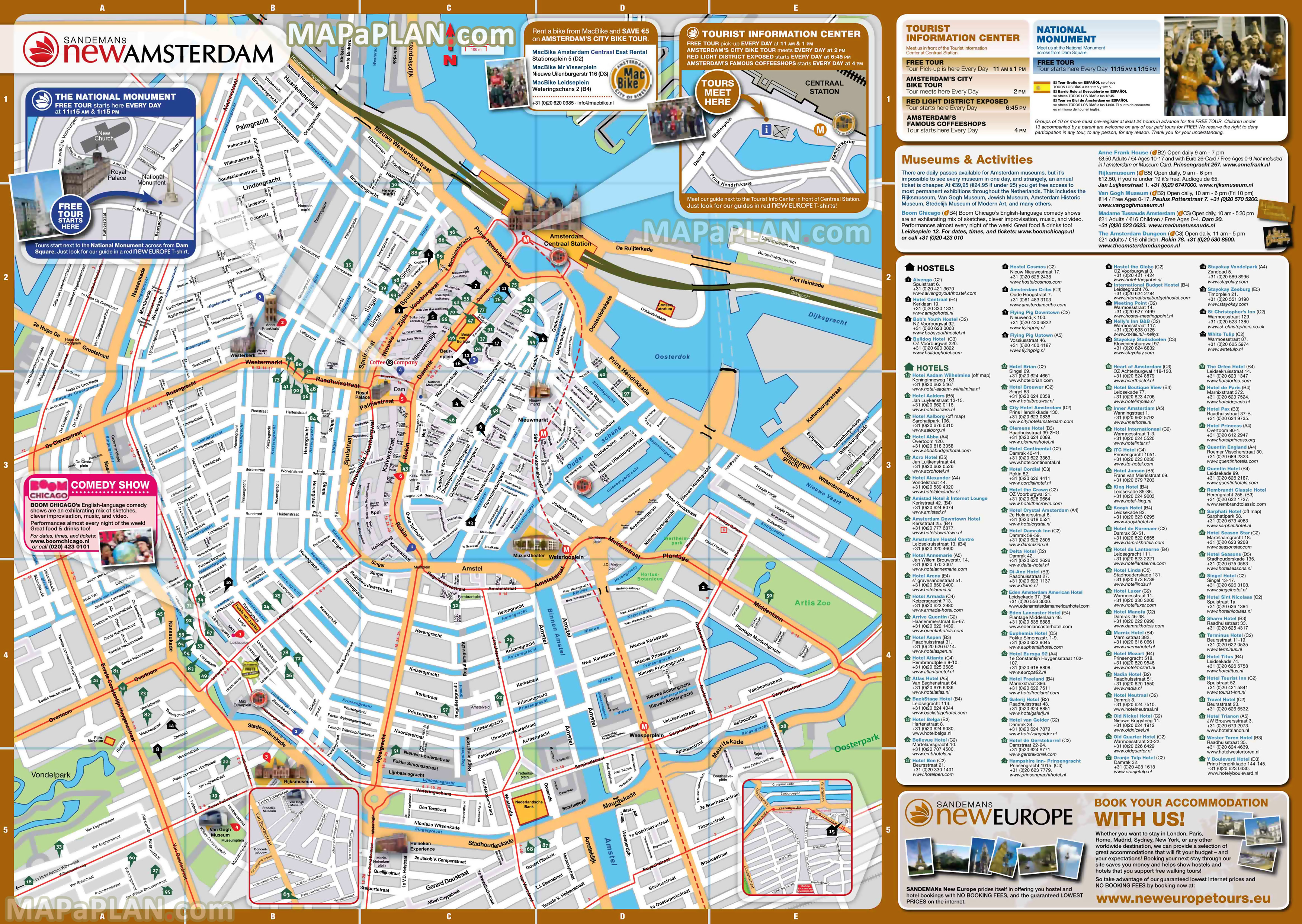 Most popular hotels affordable hostels Amsterdam top tourist attractions map