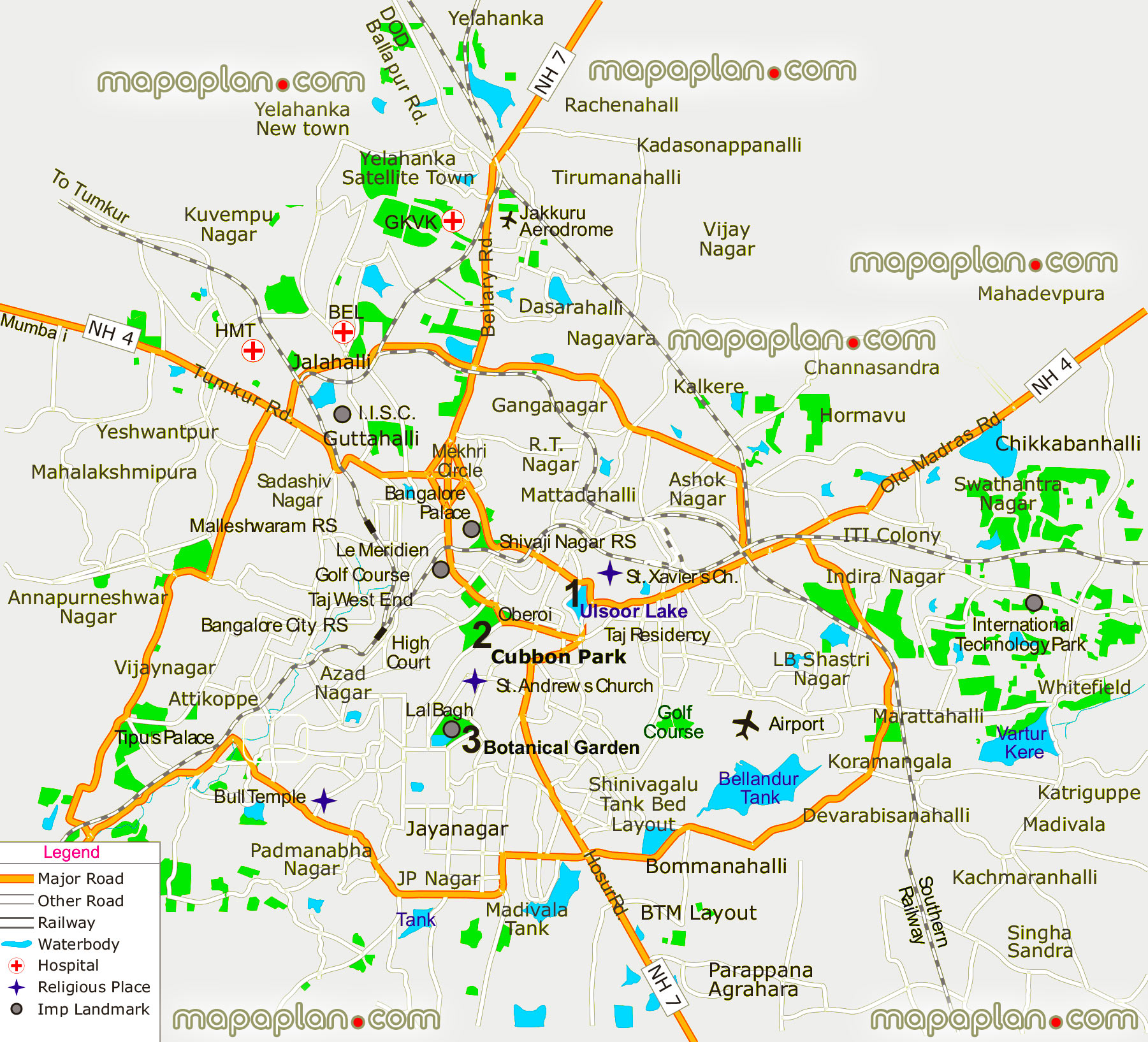 Bangalore central free download offline city street top attractions places detailed itinerary popout interactive guide english historical streets parks what see where go directions interesting things do railway train stations rail routes local roadss Bangalore Top tourist attractions map