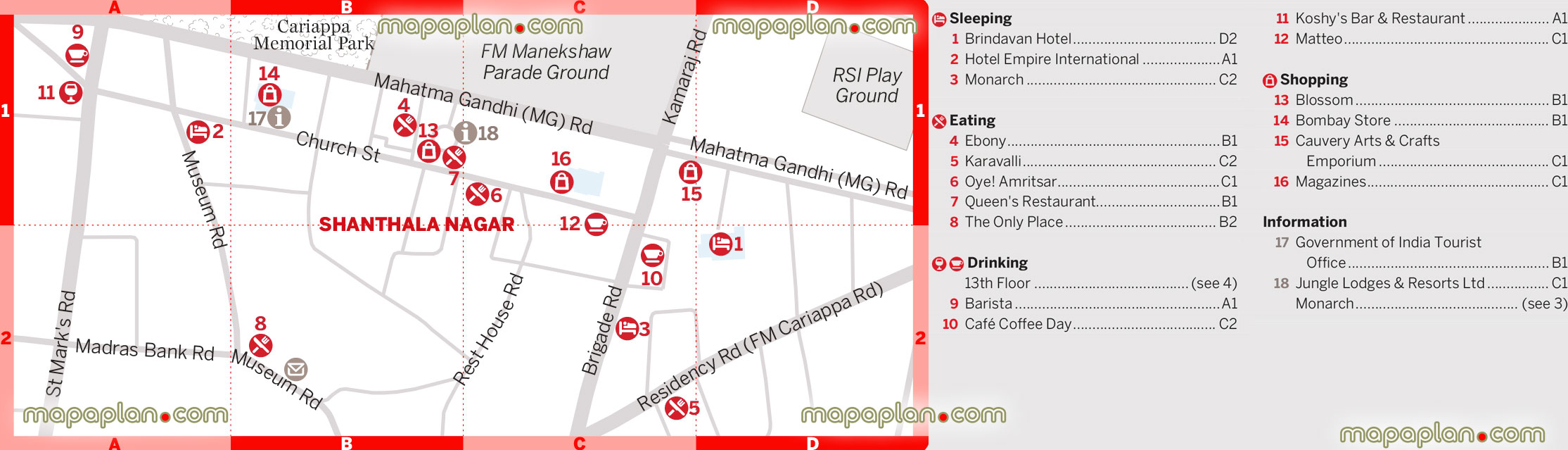 bengaluru mg road area city center printable walking directions interesting sights simple easy navigate diagram holiday top points interest central district neighourhood orientation tourist information tourism offices Bangalore Top tourist attractions map