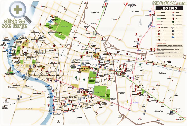 Detailed 3d birds eye aerial view street plan with English directions to tourism sites spots Bangkok top tourist attractions map