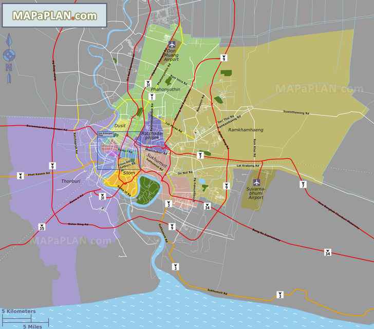 Main district neighborhood areas with Suvarnabhumi Don Muang Airports Bangkok top tourist attractions map