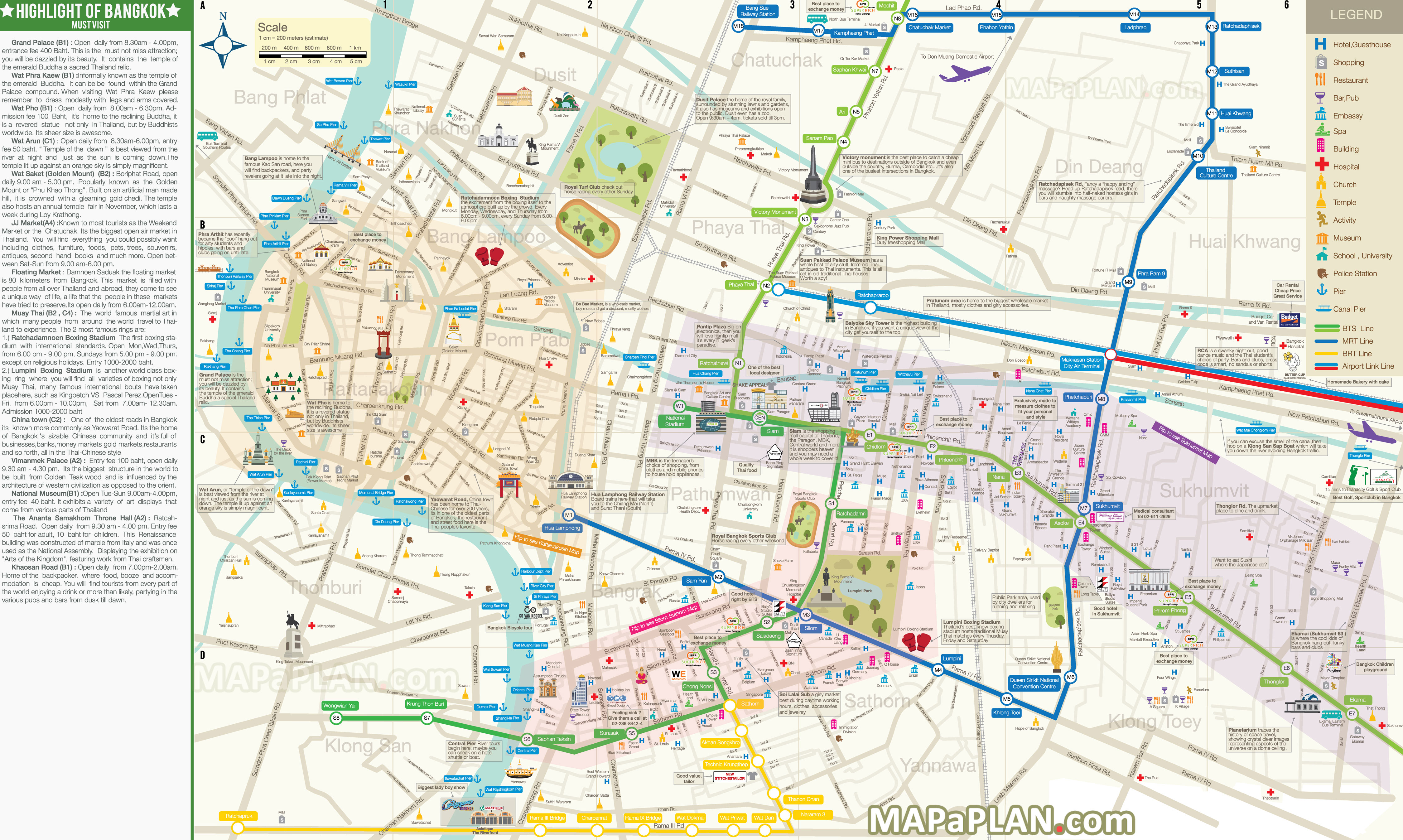 City centre top 10 must see places to visit including Sukhumvit Silom Sathorn Wat Pho Bangkok top tourist attractions map