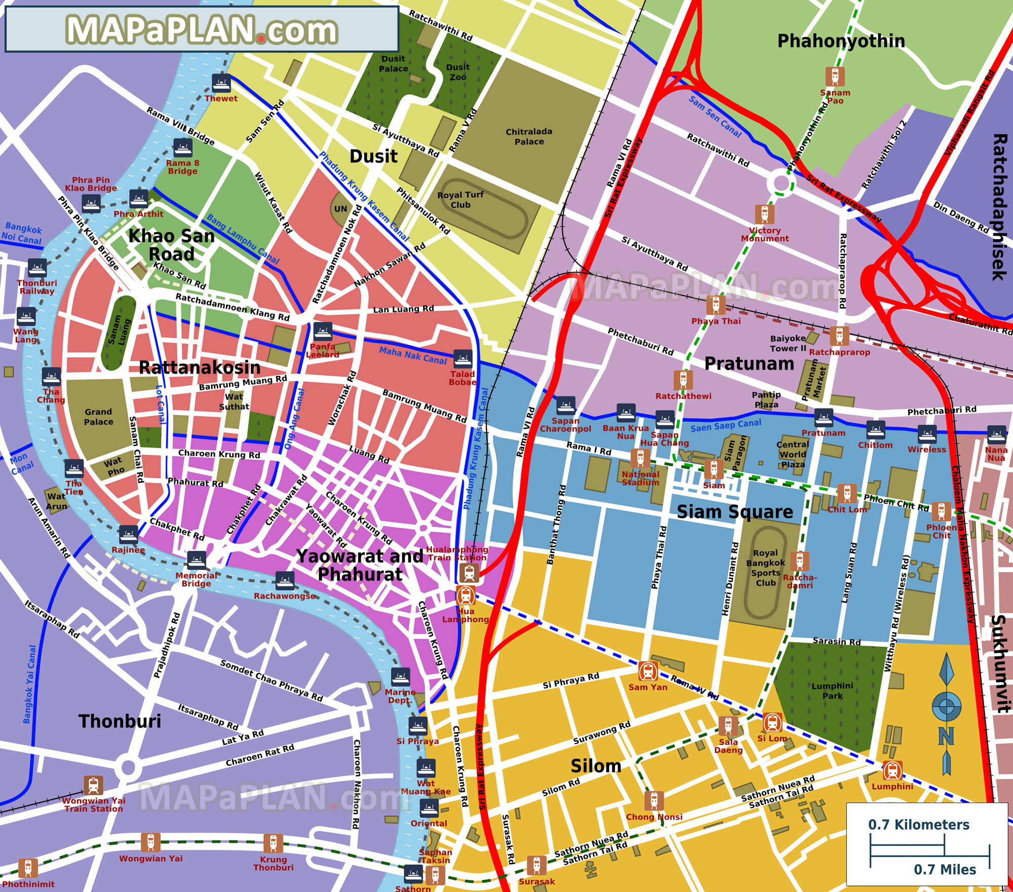 Most popular central districts including Siam Square Yaowarat Phahurat Rattanakosin Khao San Road Bangkok top tourist attractions map