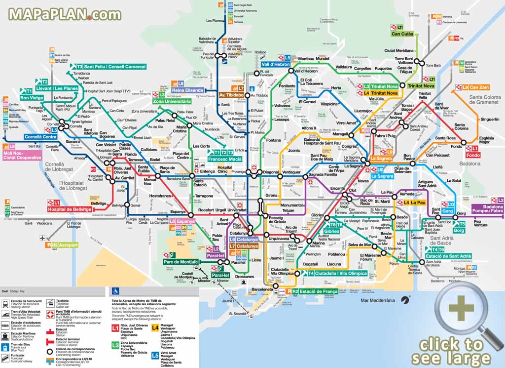 Metro Subway Tube stations visitors map with major streets overlay Barcelona top tourist attractions map