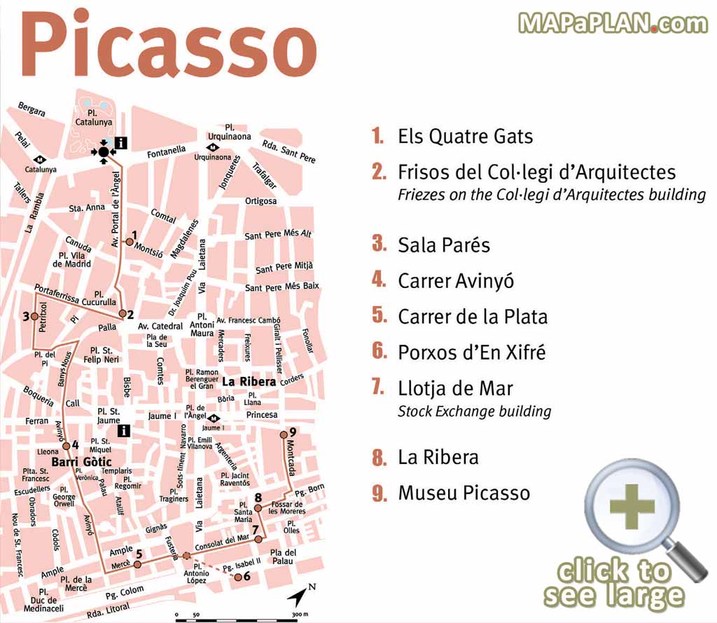 Picasso must do great landmarks one day walking tour itinerary Barcelona top tourist attractions map
