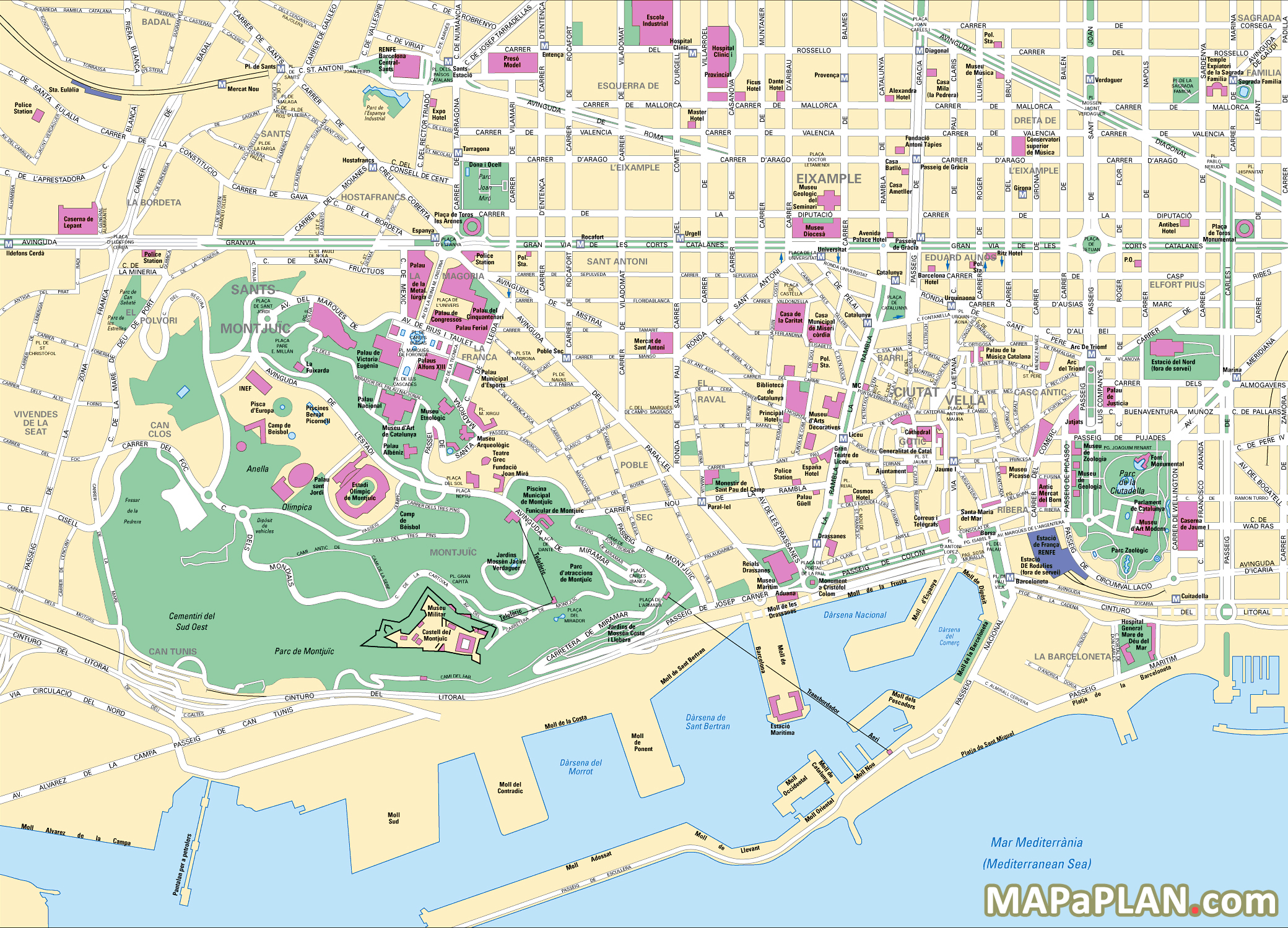 Central Barcelona with Las Ramblas must see points of interest Barcelona top tourist attractions map