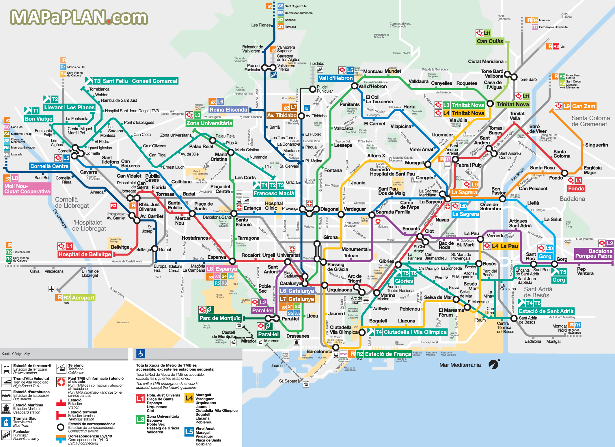 Metro Subway Tube stations visitors map with major streets overlay Barcelona top tourist attractions map