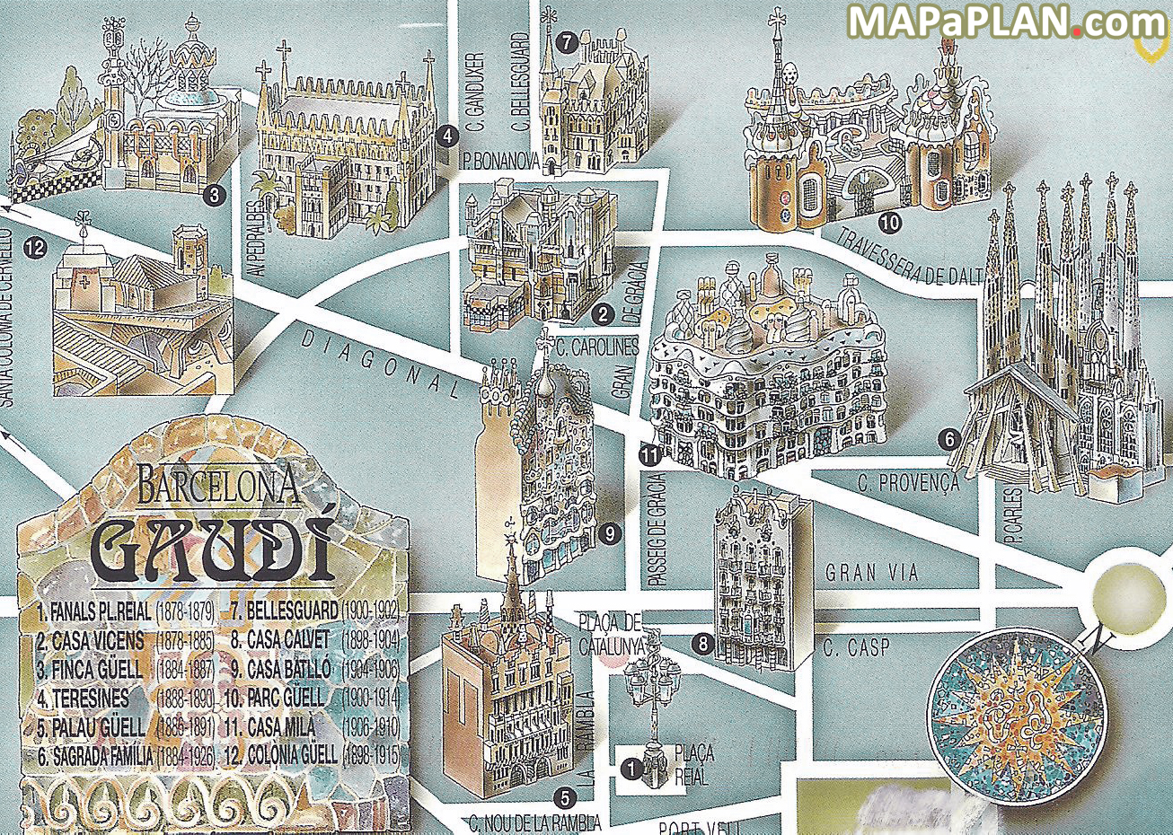 Gaudi birds eye aerial 3d main buildings location view Barcelona top tourist attractions map