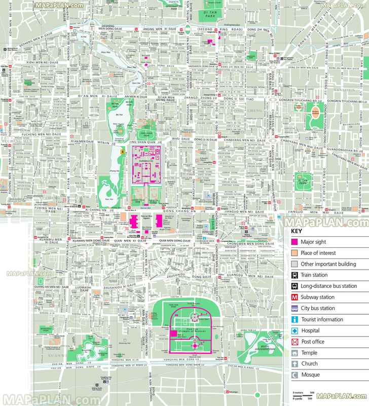 best central detailed major landmarks places interest beihai park hutong lama temple wangfujing street Beijing top tourist attractions map