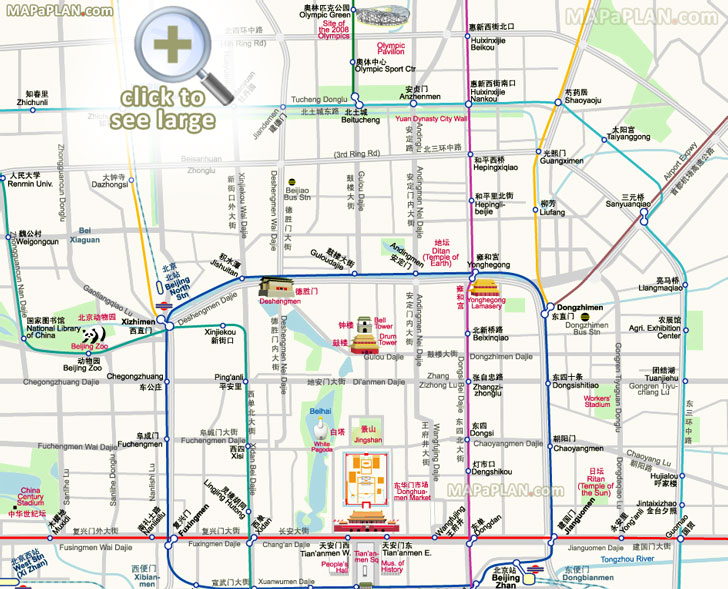 metro tube transport routes stops tiantan temple heaven drum bell tower zoo donghuamen night market birds nest olympic park Beijing top tourist attractions map