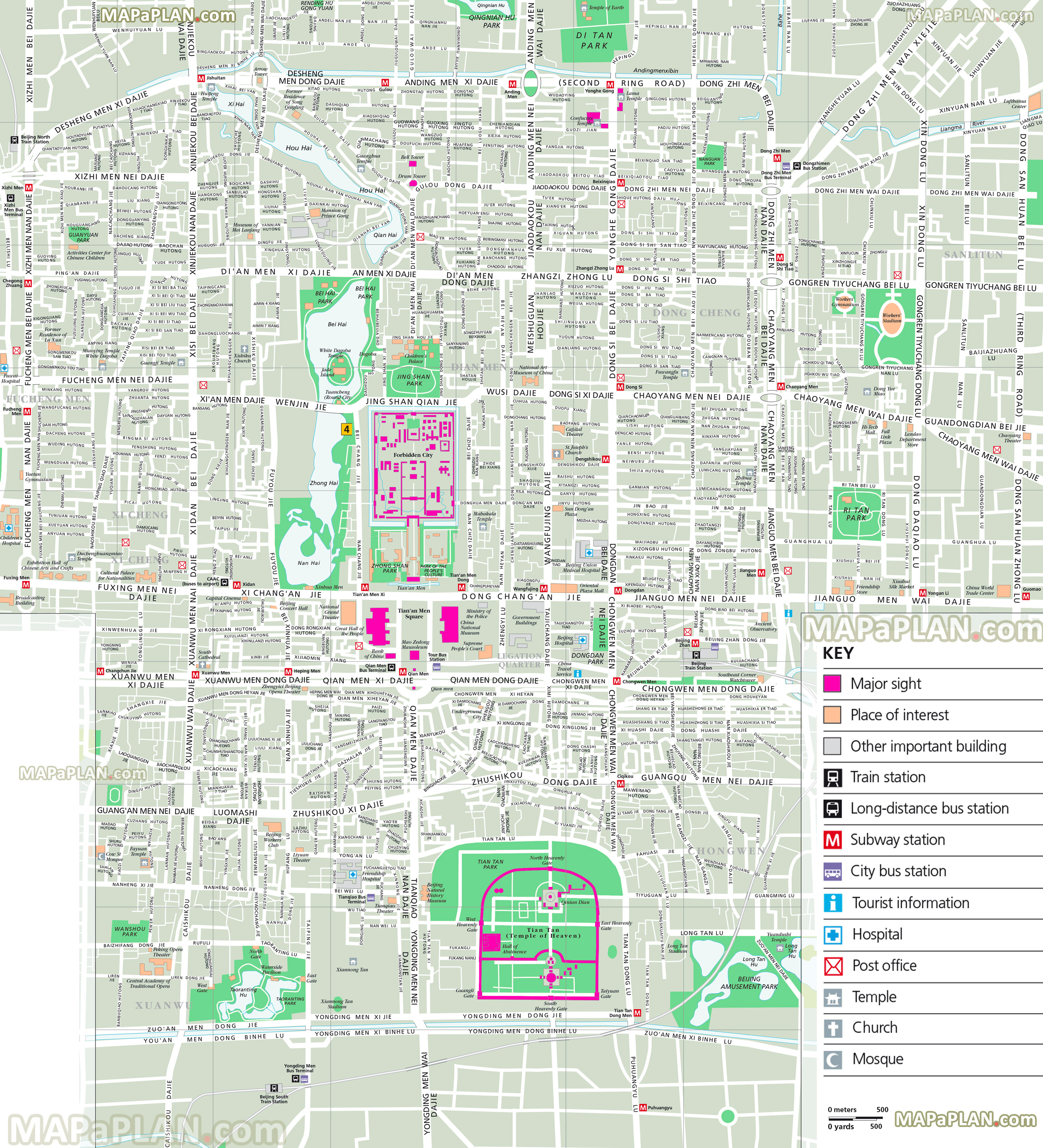 best central detailed major landmarks places interest beihai park hutong lama temple wangfujing street Beijing top tourist attractions map