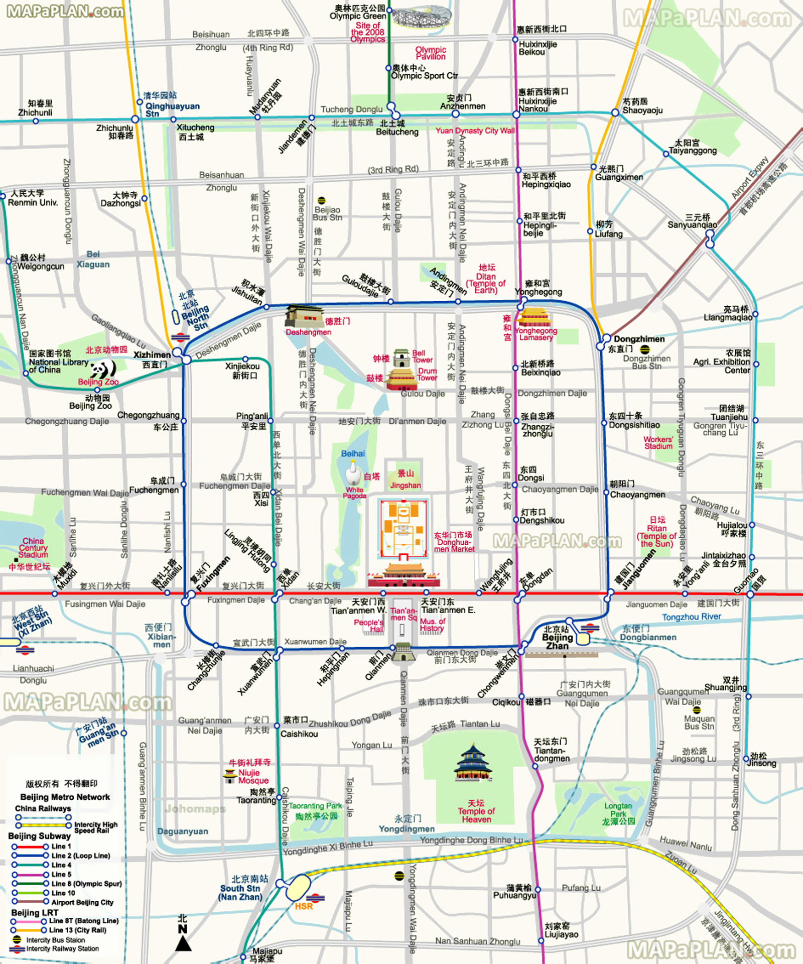 metro tube transport routes stops tiantan temple heaven drum bell tower zoo donghuamen night market birds nest olympic park Beijing top tourist attractions map