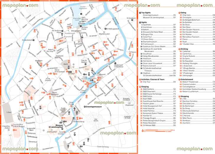 central Bruges detailed offline top attractions free interactive printable visitors guide top sights hotels restaurants shopping tourist information office main points interest museums landmarkss Bruges Top tourist attractions map