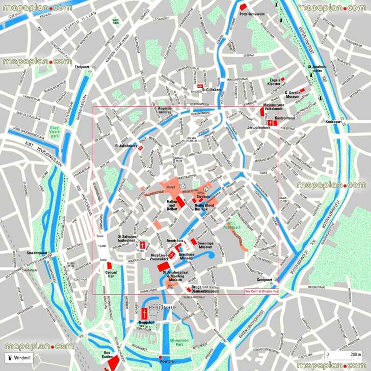 Bruges belgium city center detailed interactive tourists visitors best historical buildings churches what see where go directions main things do central district area outline layout best locationss Bruges Top tourist attractions map