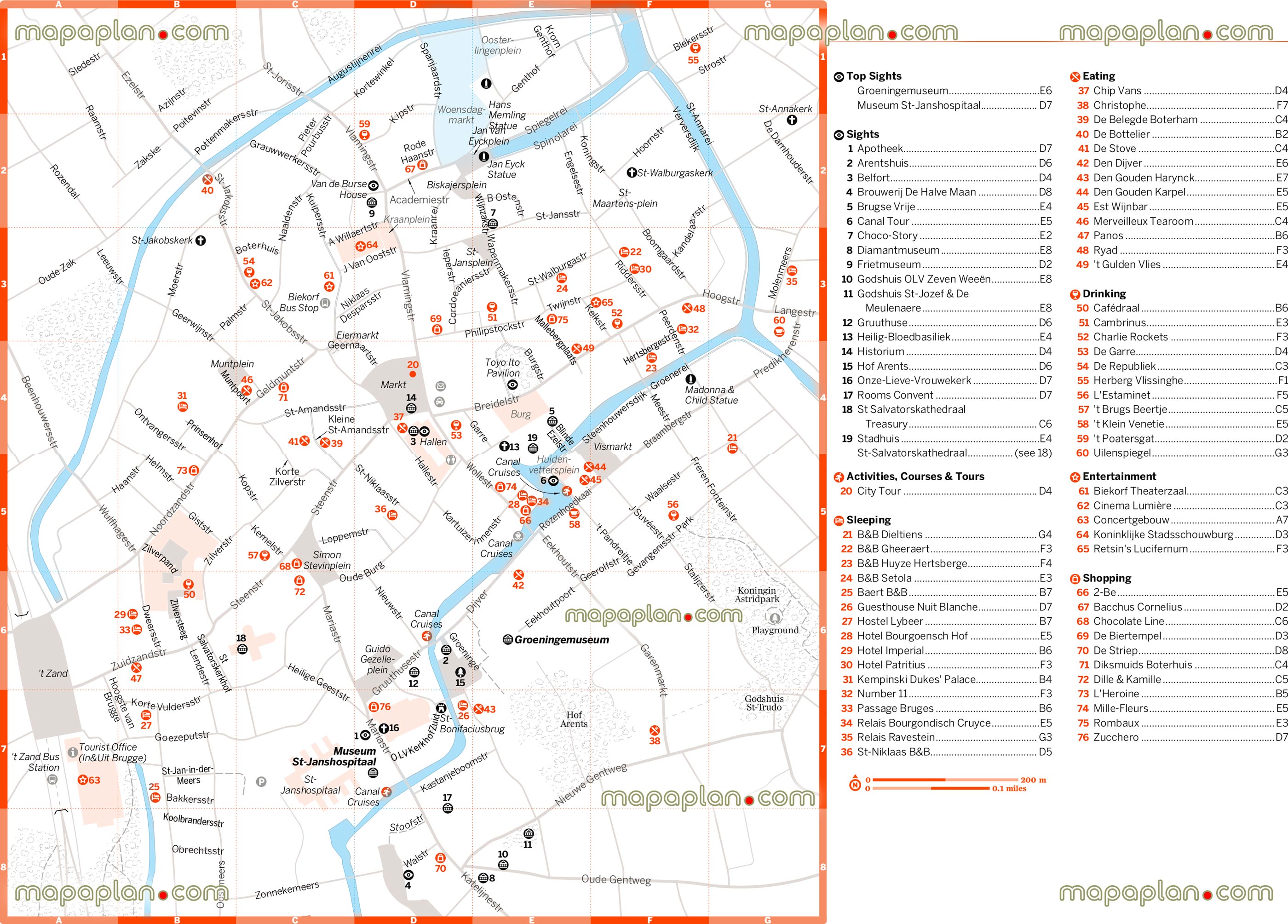 central Bruges detailed offline top attractions free interactive printable visitors guide top sights hotels restaurants shopping tourist information office main points interest museums landmarkss Bruges Top tourist attractions map