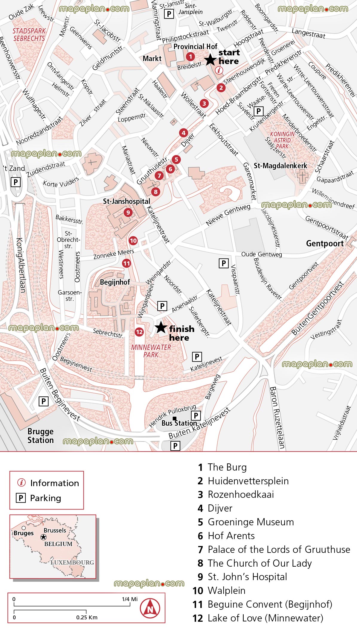 Bruges map - Central Bruges, Belgium inner town center sightseeing ...