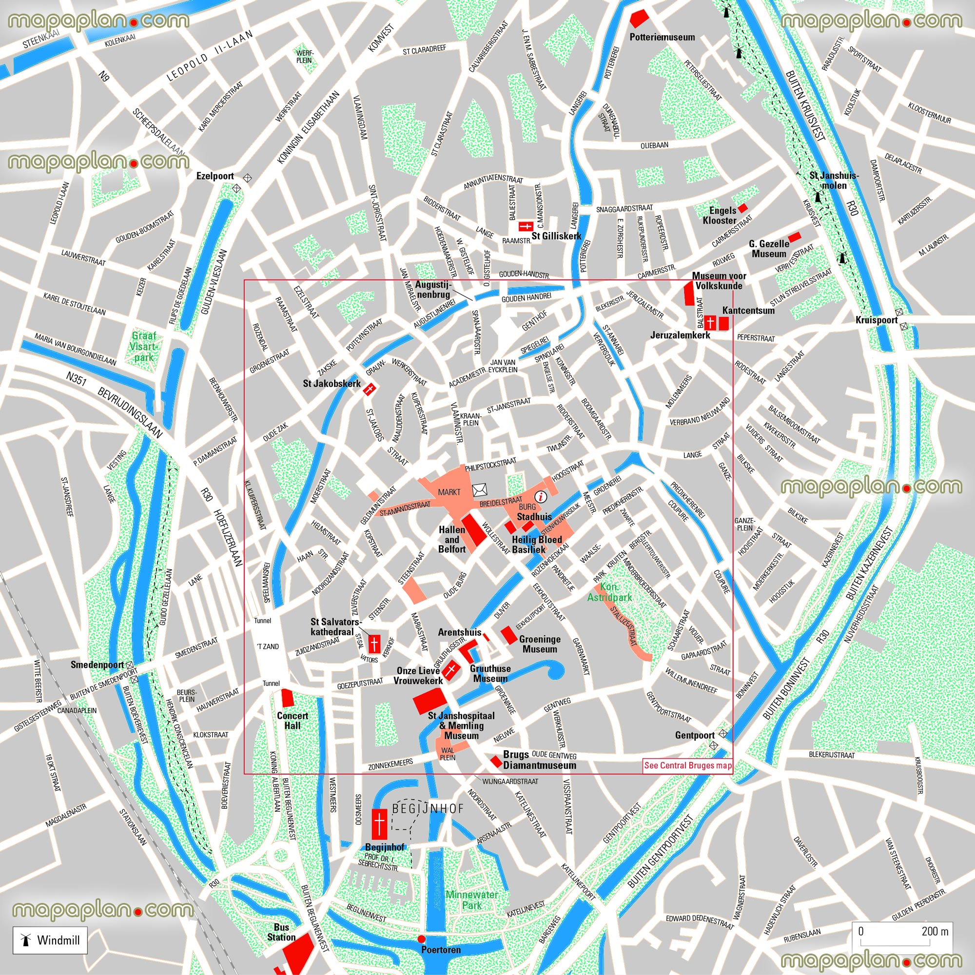 Bruges belgium city center detailed interactive tourists visitors best historical buildings churches what see where go directions main things do central district area outline layout best locationss Bruges Top tourist attractions map