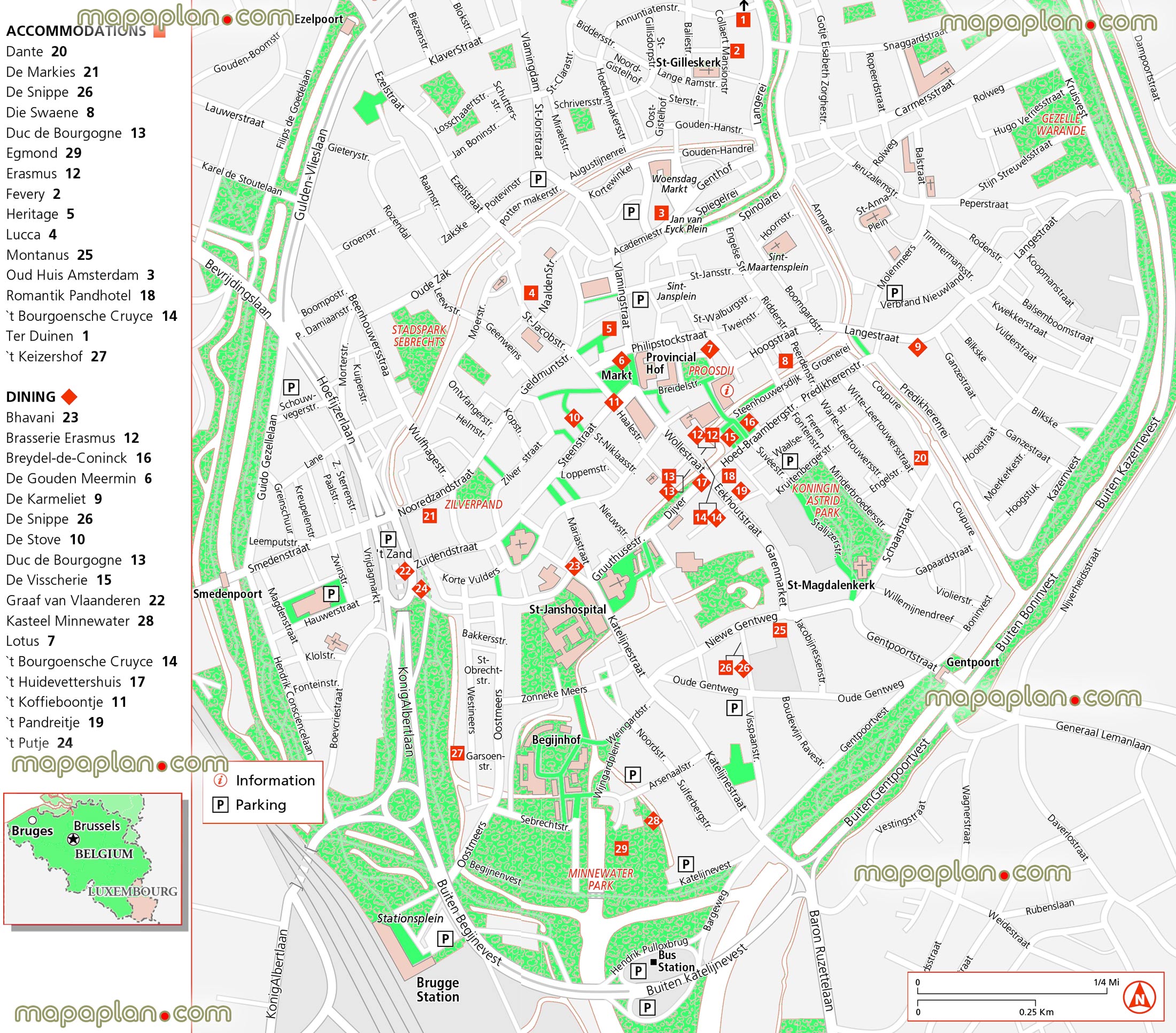 central bruges best restaurants hotel accommodation interactive printable free travel offline downloads Bruges Top tourist attractions map