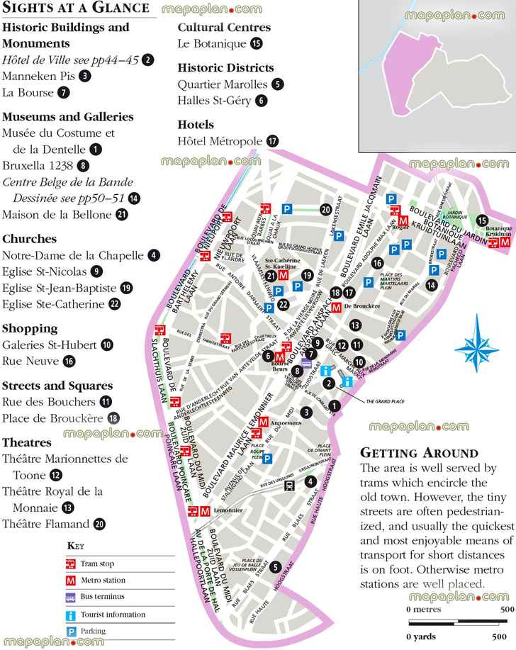 Brussels belgium lower town city center free printable interactive visitors detailed guide download tourists inner city old town must see sights sightseeing places interest public transport metro stations tram stops plans Brussels Top tourist attractions map