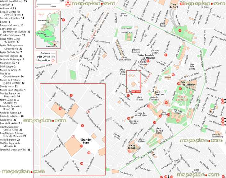 Brussels top tourist attractions railway train stations tourist information centre free interactive printable detailed visitors guide street names must see destinations best points interest grand place s Brussels Top tourist attractions map