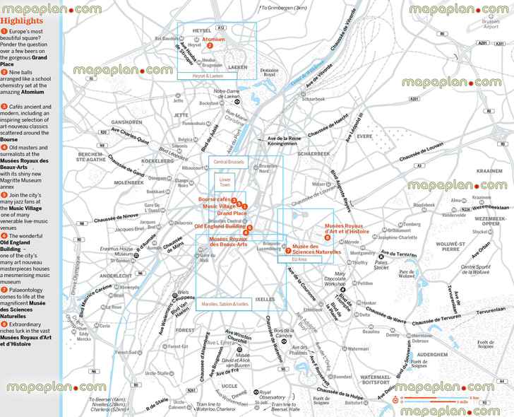 Brussels metropolitan area top highlights guide english high quality large scale printable sightseeing list points interest itinerary planner navigation directions best sights landmarks travel sitess Brussels Top tourist attractions map