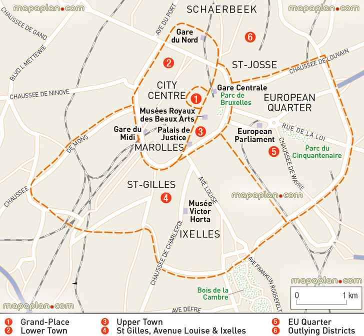 Brussels central district neighourhoods orientation city centre eu quarter european parliament free download interactive directions interesting sights simple easy navigate diagram holiday top points interests Brussels Top tourist attractions map