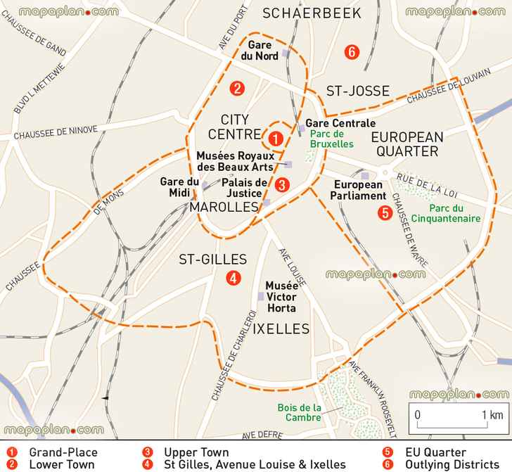 Brussels central district neighourhoods orientation city centre eu quarter european parliament free download interactive directions interesting sights simple easy navigate diagram holiday top points interests Brussels Top tourist attractions map