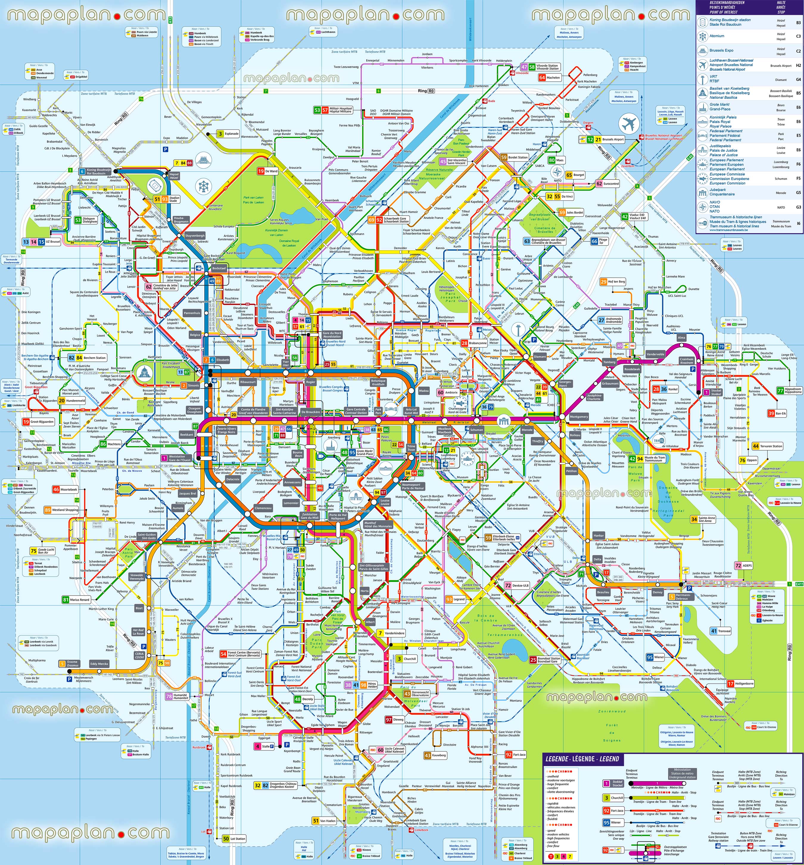 map brussels metro tram bus public transport network subway underground tube tram light rail stations zones railway routes stops updated transit diagram suburban train airports Brussels Top tourist attractions map