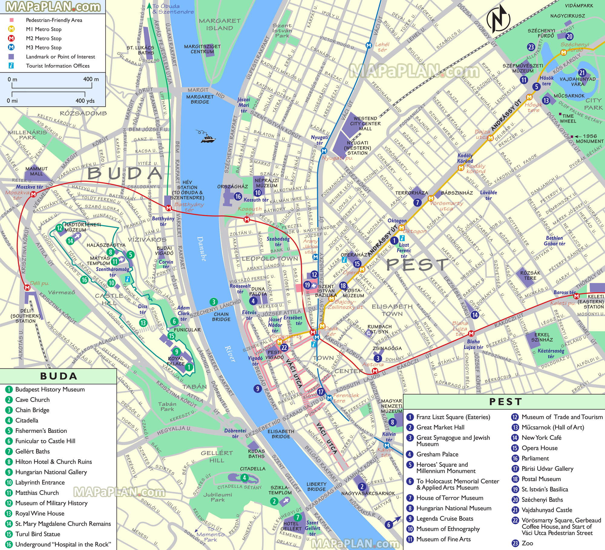 points of interest pedestrian walking area metro stop shopping malls tourist information office train rail transit Budapest top tourist attractions map