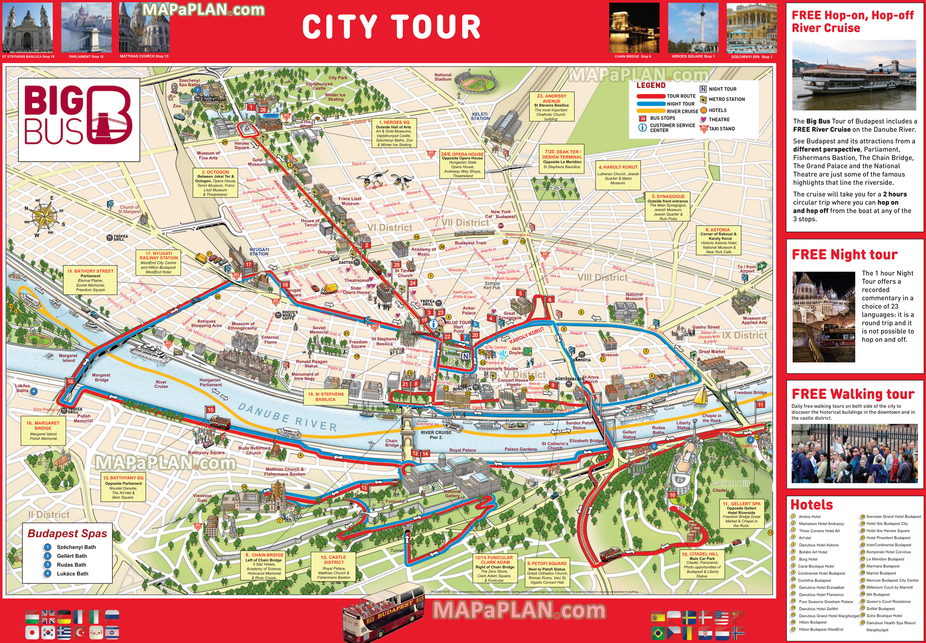 big bus city sightseeing hop on hop off double decker open top bus coach tour stops boat river cruise night hotel Budapest top tourist attractions map