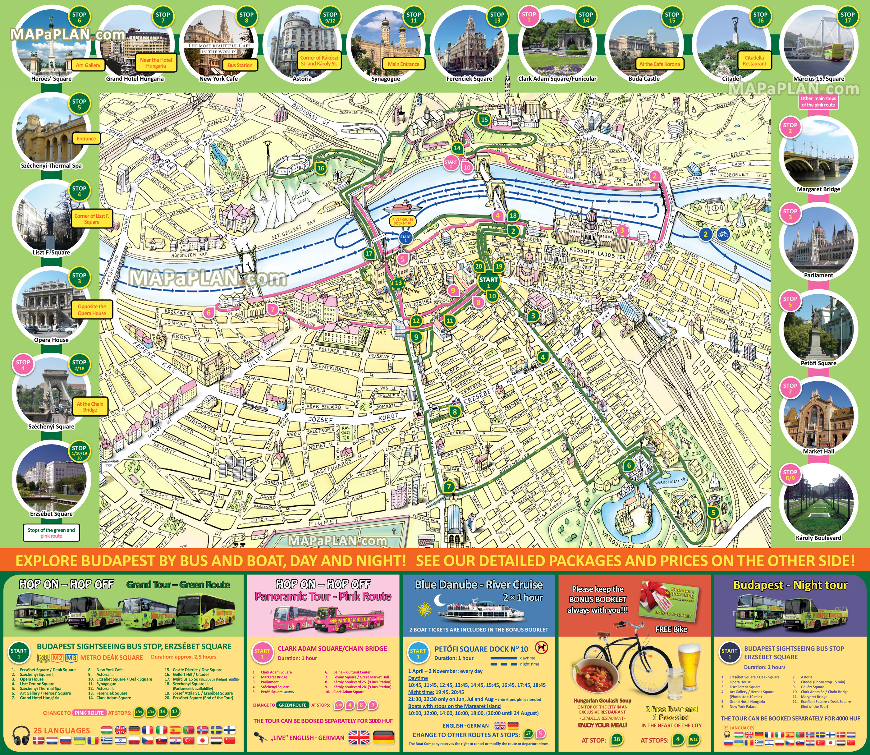 old town hop on hop off pink green bus tour routes diagram royal castle hill heroes square Budapest top tourist attractions map