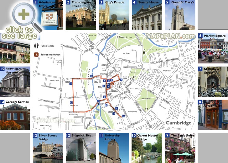 Explore best destinations one day walking trip route itinerary for prospective students Cambridge top tourist attractions map