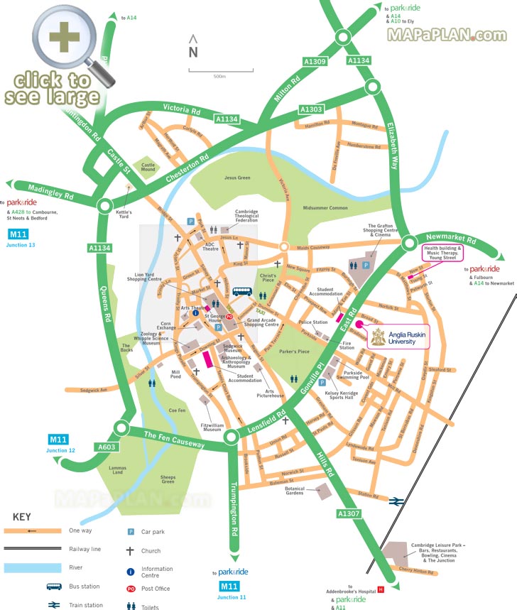 Map showing directions to Park and Ride car park locations Cambridge top tourist attractions map