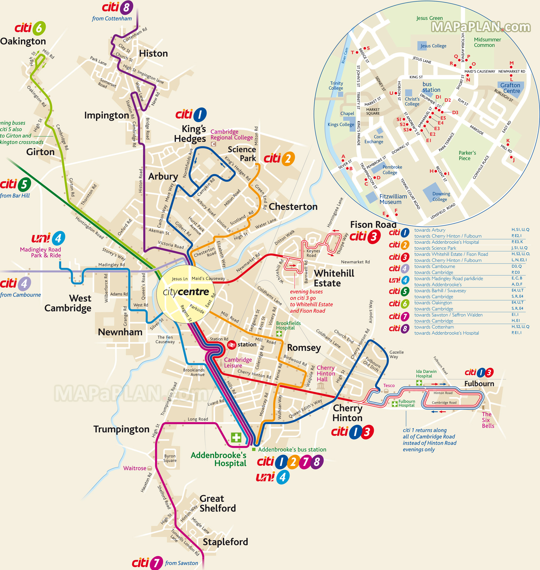 Official Stagecoach public transport network transit system bus stops rail line train station Cambridge top tourist attractions map