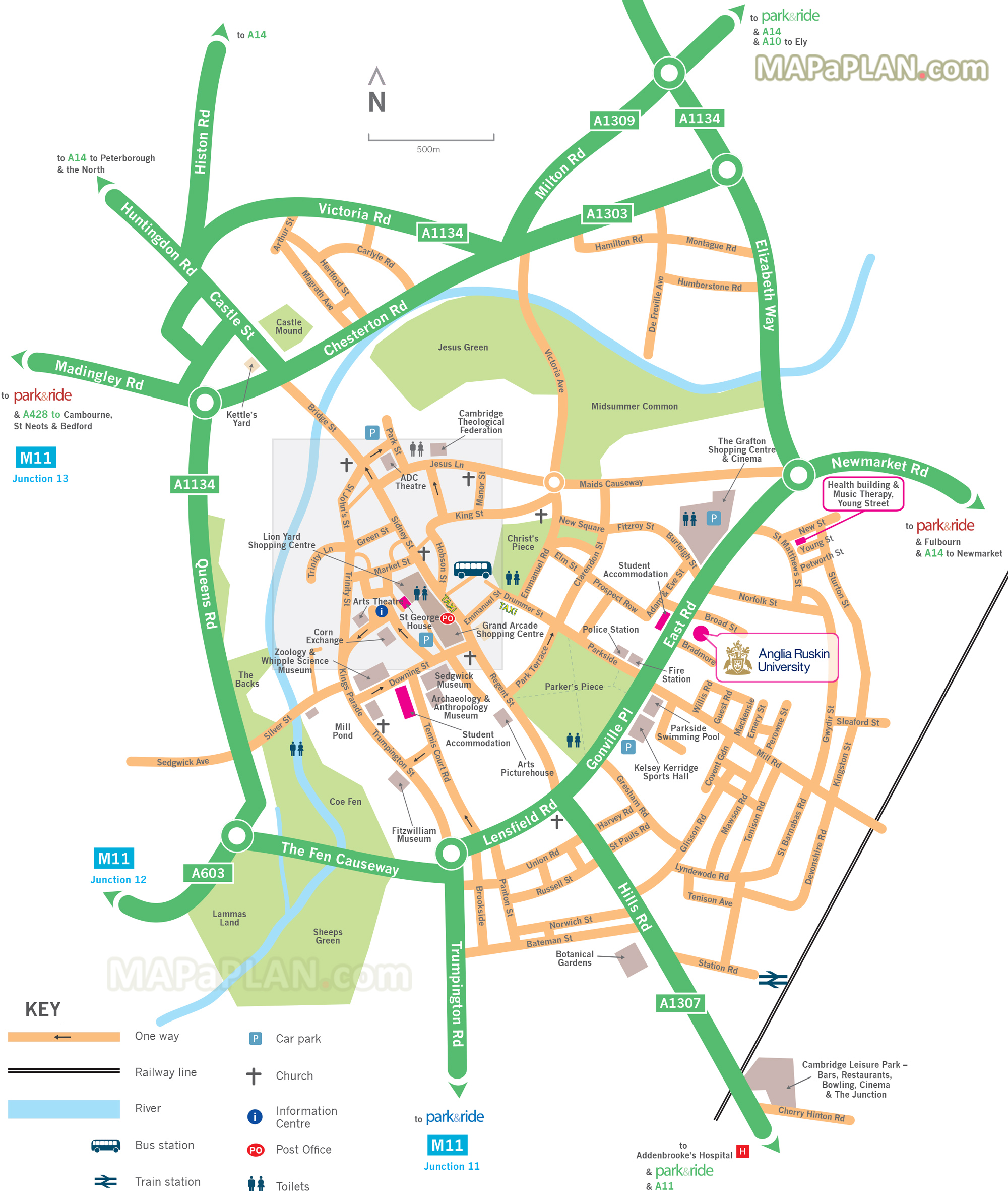 Map showing directions to Park and Ride car park locations Cambridge top tourist attractions map