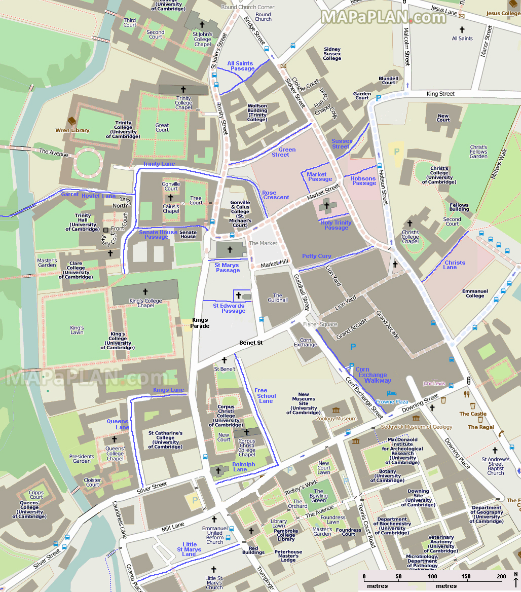 Interesting lanes and passages tour diagram Cambridge top tourist attractions map