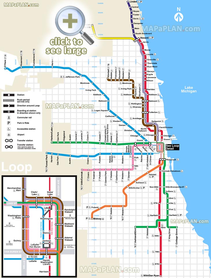 el l train subway metro tube underground blue red brown pink orange purple yellow lines stations cta public transportation railway system network O'Hare Midway airport terminal Chicago top tourist attractions map