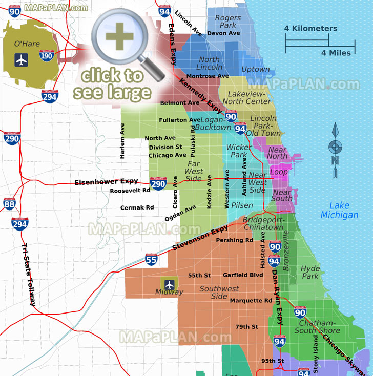 districts neighborhoods regions suburbs zones areas lake michigan interstate highways Eisenhower Kennedy Expressways Chicago top tourist attractions map