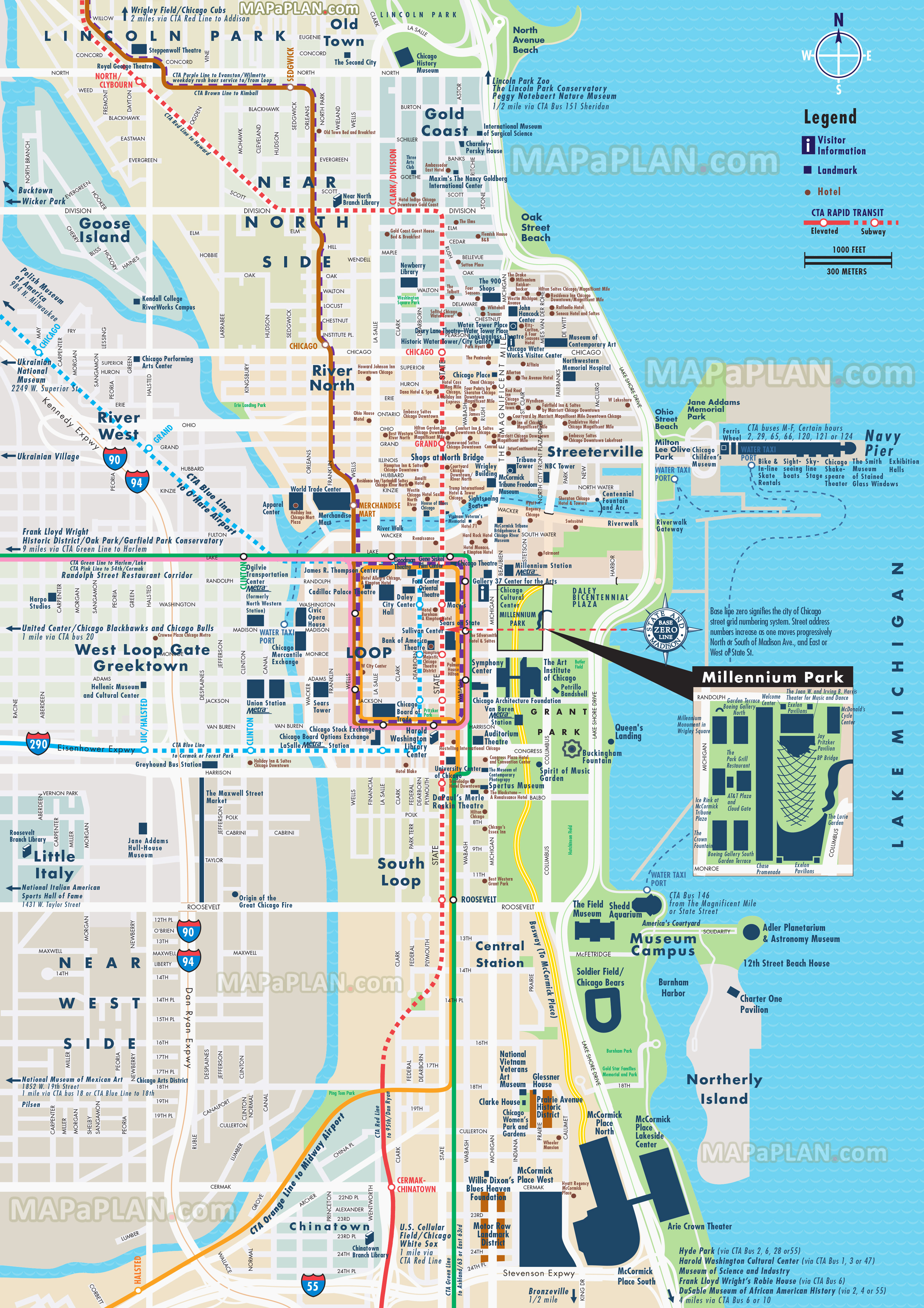 street road names plan central most popular points of interest elevated metra transport stops Millennium Park Old Town Chicago top tourist attractions map