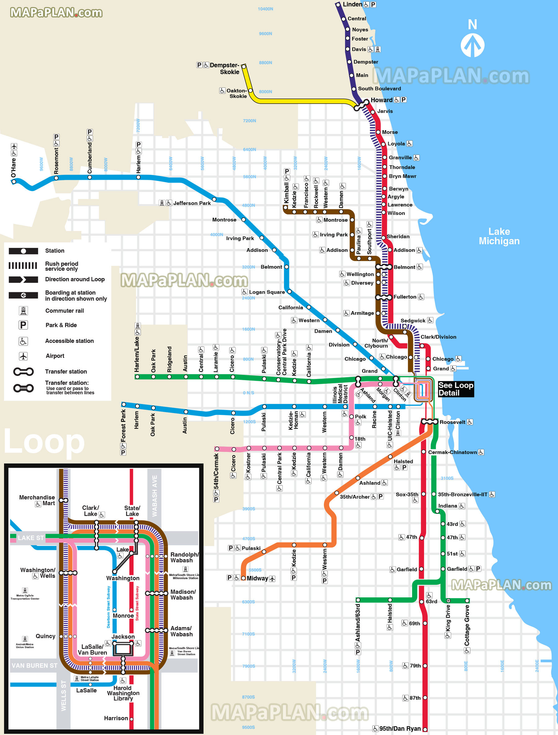 el l train subway metro tube underground blue red brown pink orange purple yellow lines stations cta public transportation railway system network O'Hare Midway airport terminal Chicago top tourist attractions map