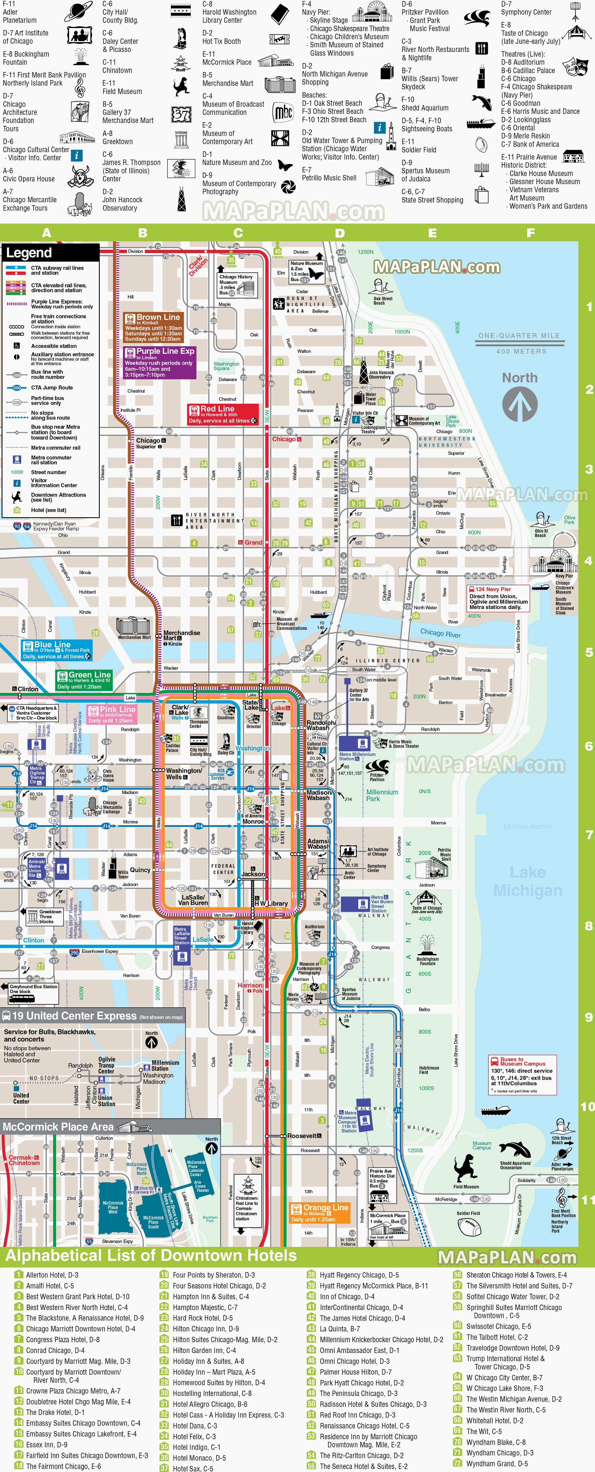 direction downtown hotels rta rail link transit chicago river Civic Lyric Opera House navy pier willis sears tower Buckingham Fountain Chicago top tourist attractions map