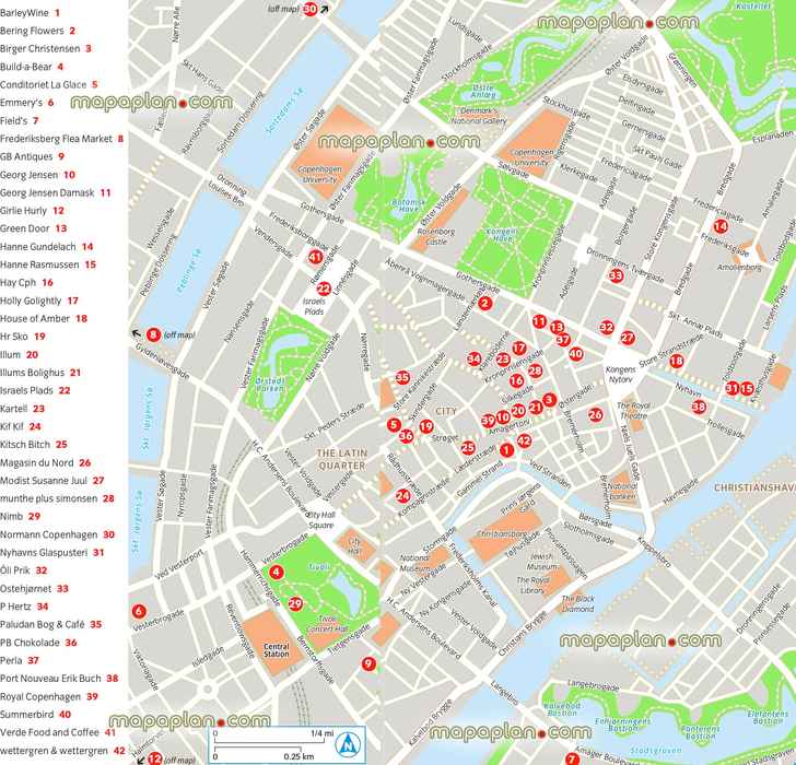 Copenhagen downtown shopping destinations list most popular shops markets famous department storess Copenhagen Top tourist attractions map