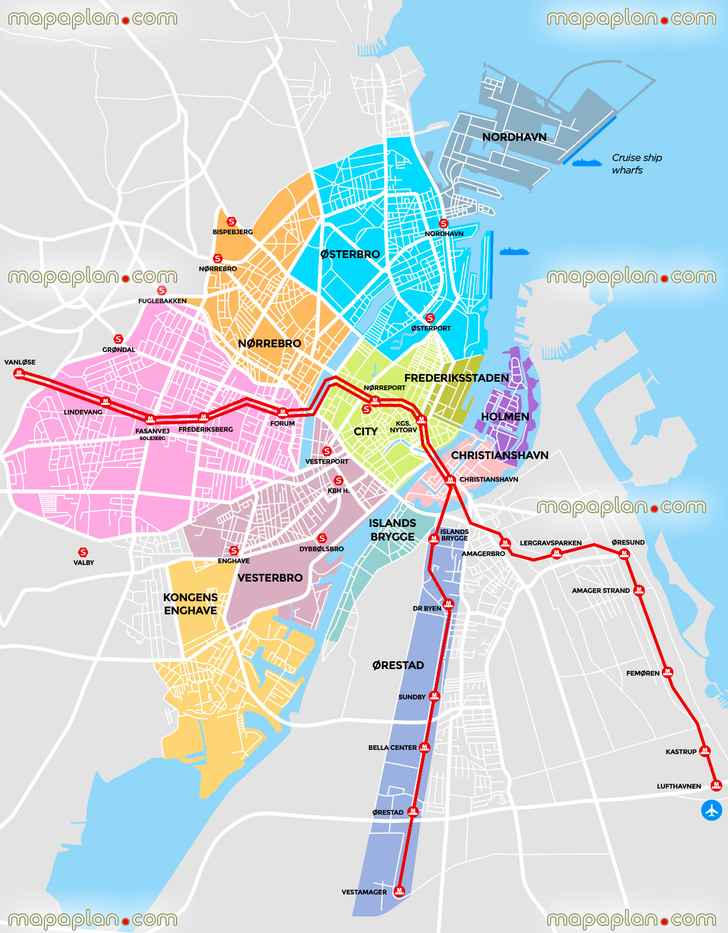 Copenhagen main districts neighbourhoodss Copenhagen Top tourist attractions map